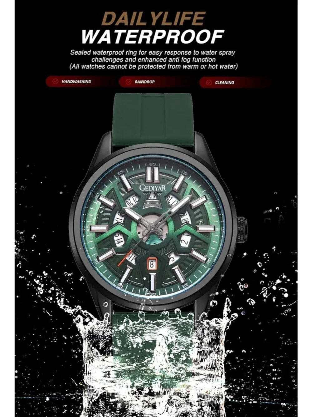 Men's Green Analog Quartz Solid Luxury Casual Calendar Waterproof Wrist Watch